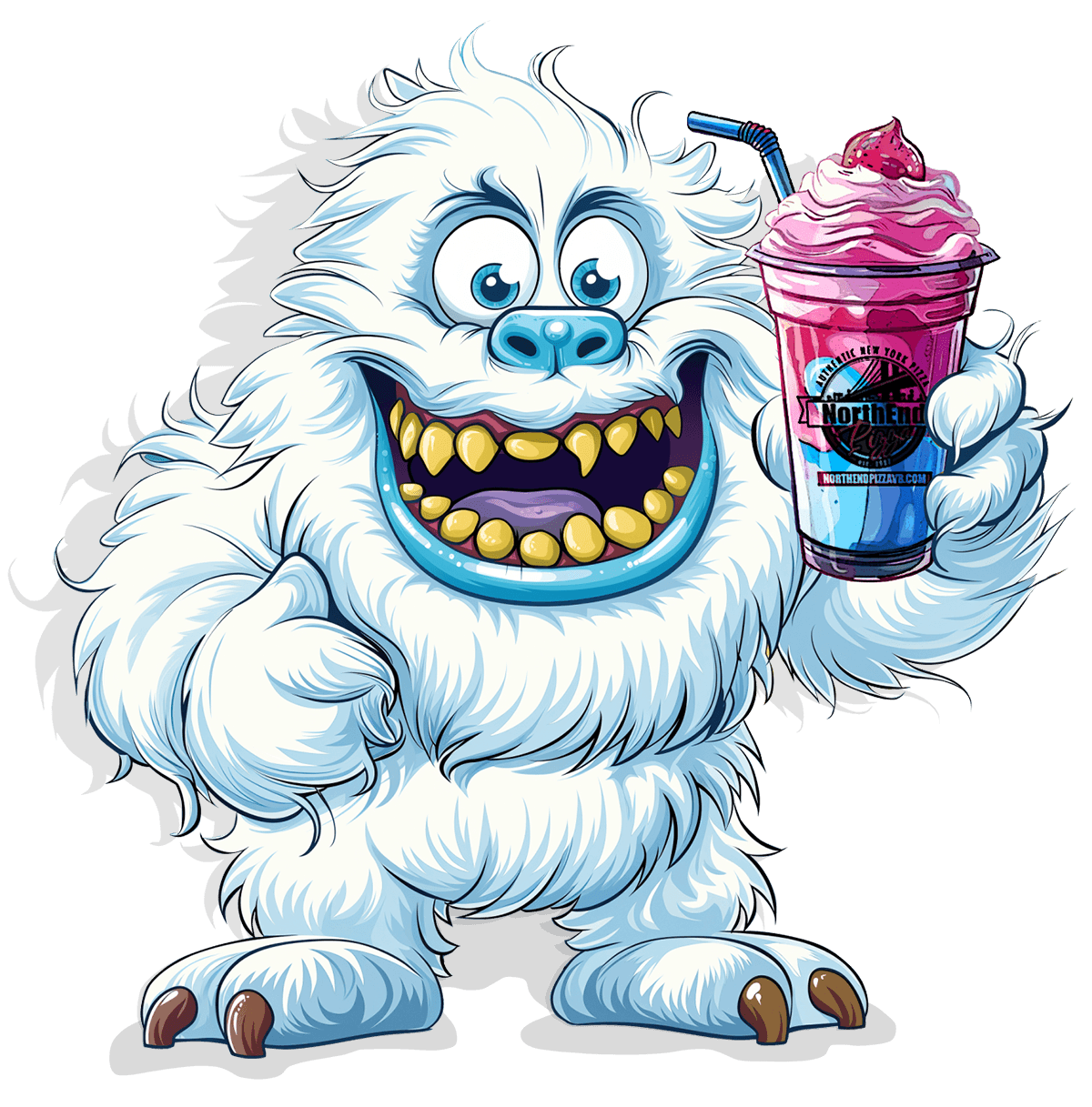 North End Pizza Yeti mascot holding a milkshake, promoting signature Avalanche Shake