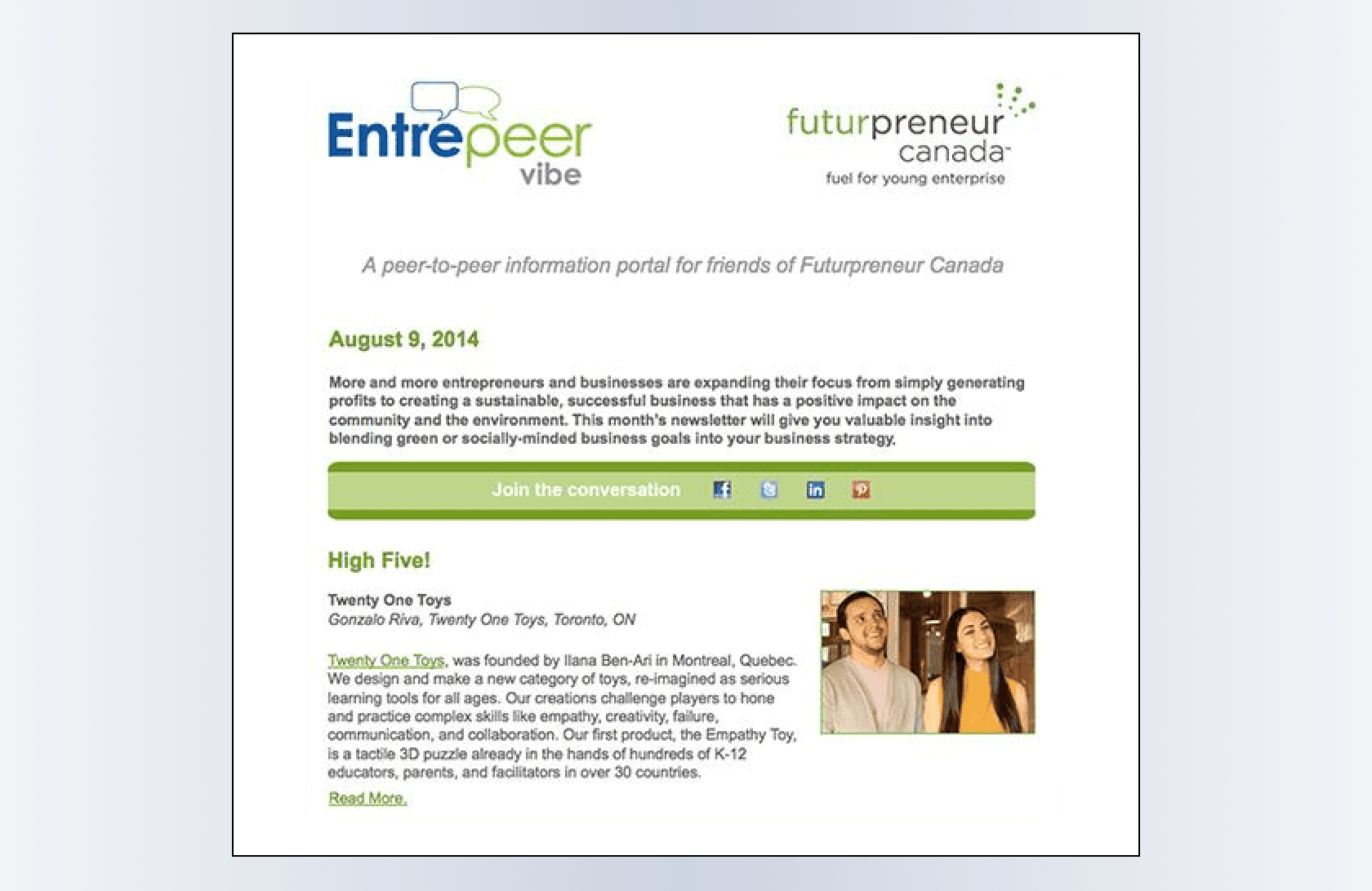 Futurpreneur Canada's Entrepeer Vibe Email Newsletter (2014)