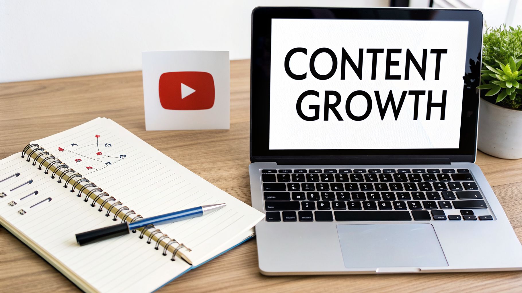 A laptop displays 'CONTENT GROWTH' with a YouTube logo, notebook, and pen on a wooden desk.