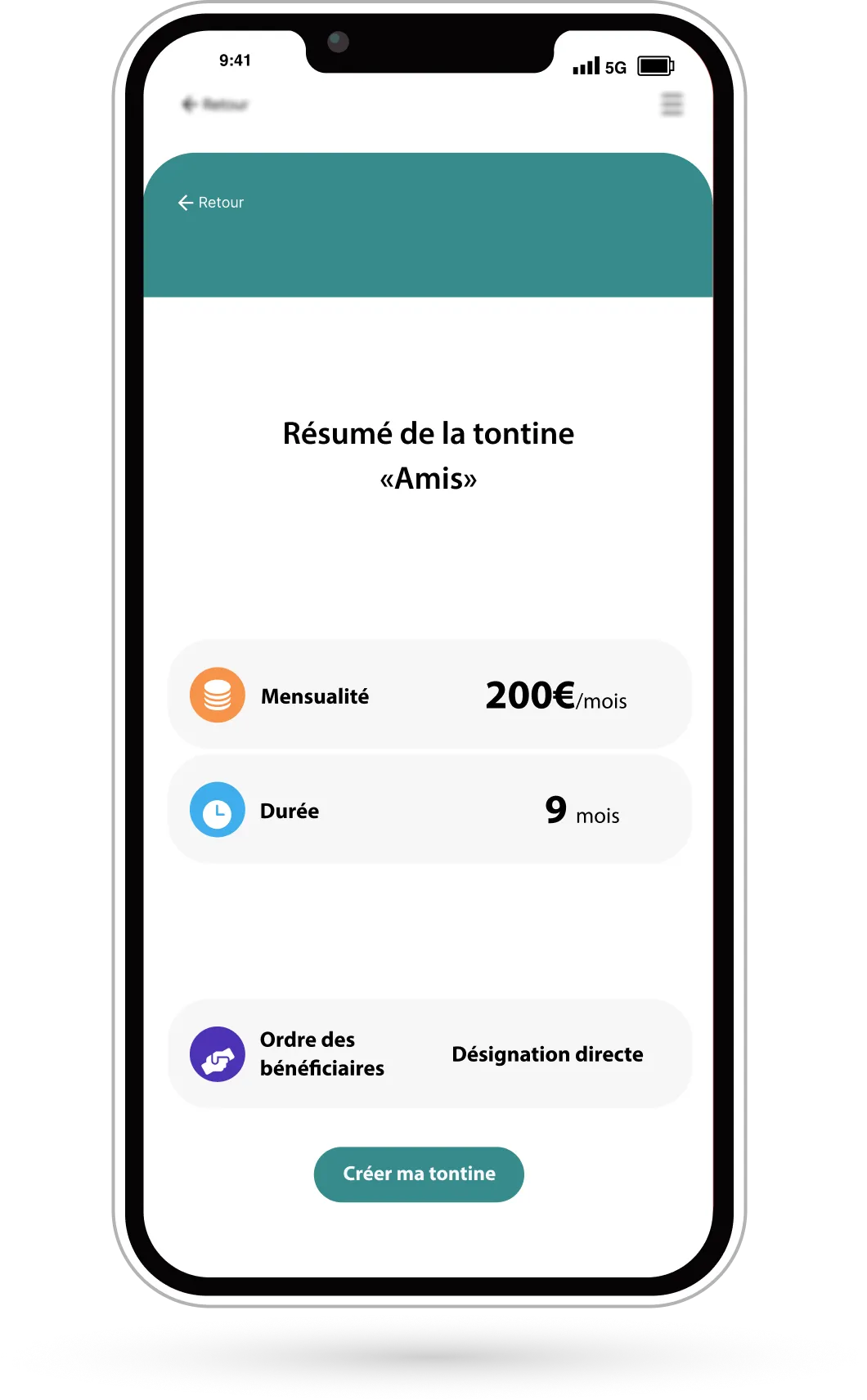 Écran de smartphone d'application de tontines en ligne