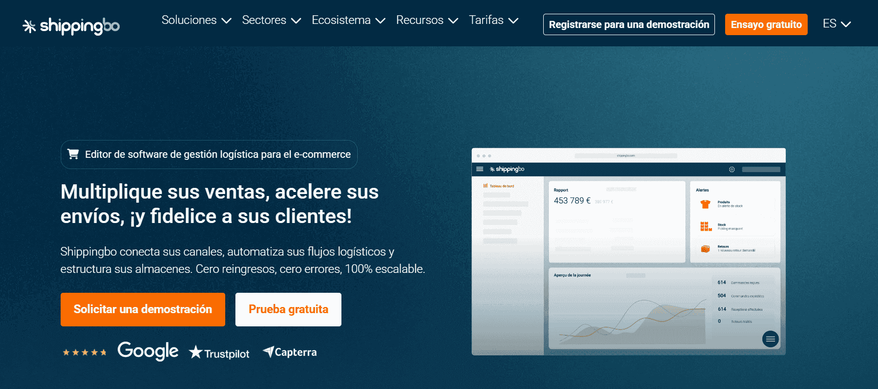Pantallazo del sitio web de Shippingbo orientado a las operaciones de gestión de e-commerce más complejas.