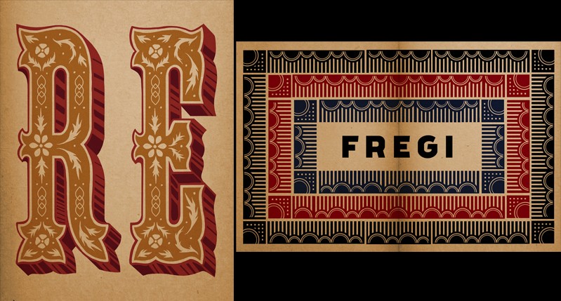 A colored typographic sample of two letter styles.