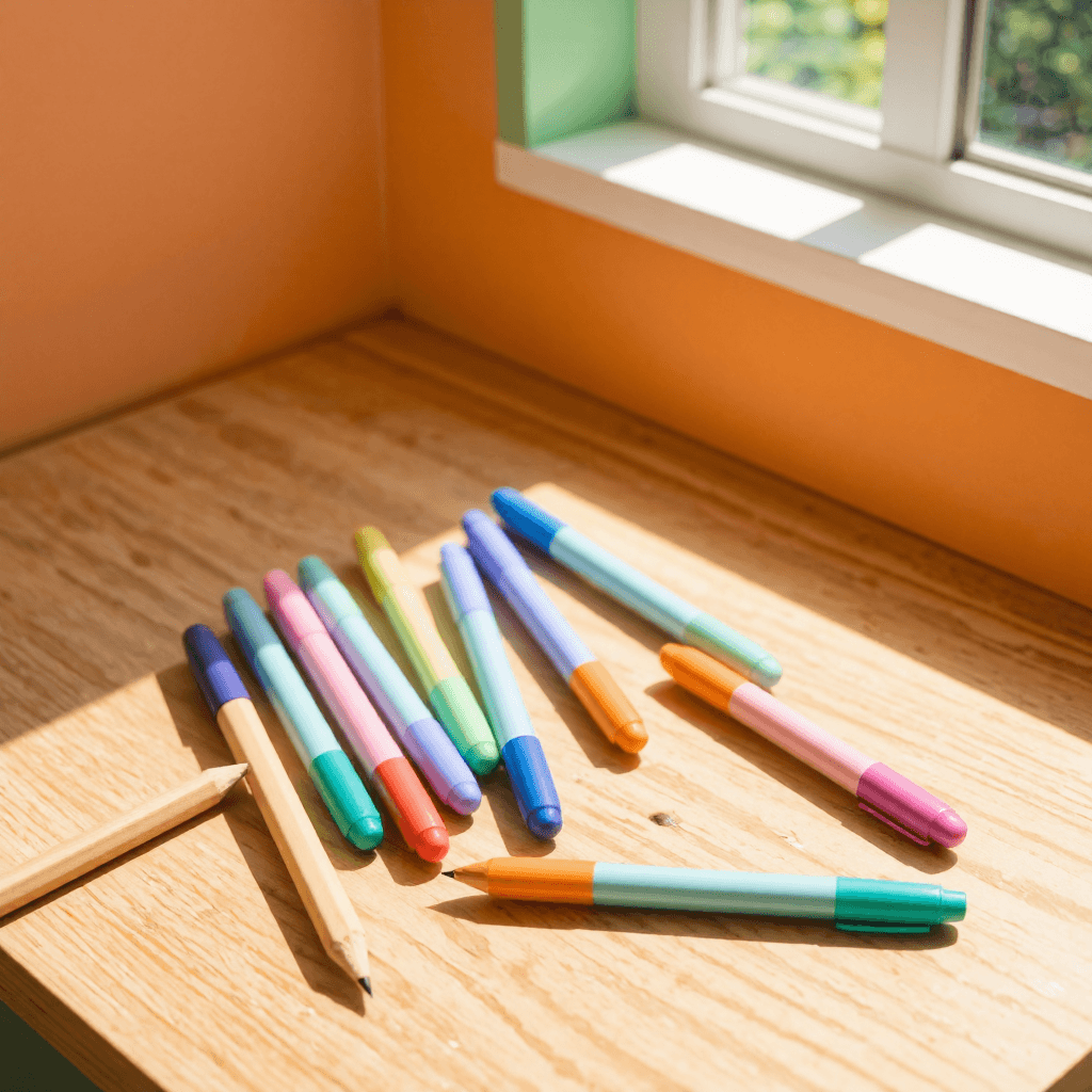 product photography of set of colored gel pens