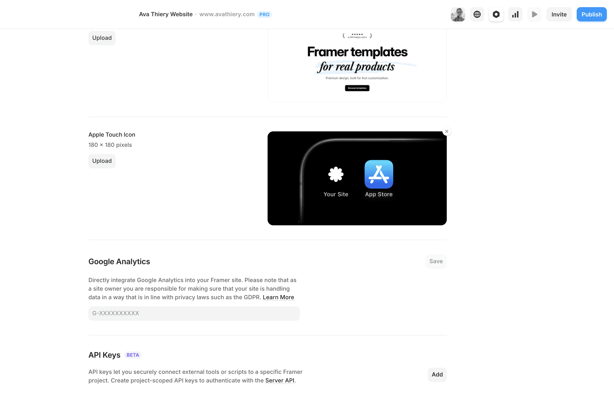 Framer project settings screen showing Apple Touch Icon upload, Google Analytics measurement ID field, and API keys section for a website project.