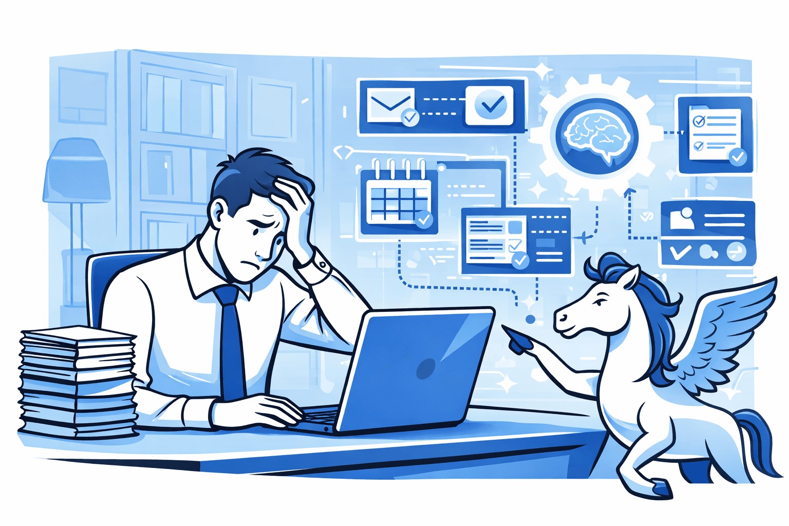 Dirigeant de PME débordé devant son ordinateur pendant qu’un Pegasus illustre l’automatisation des tâches grâce à l’IA