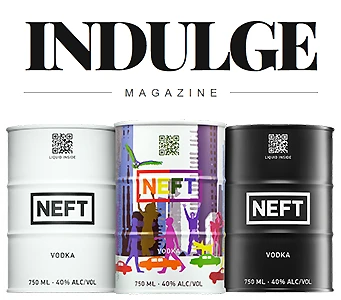Indulge Magazine featuring three NEFT Vodka barrels.