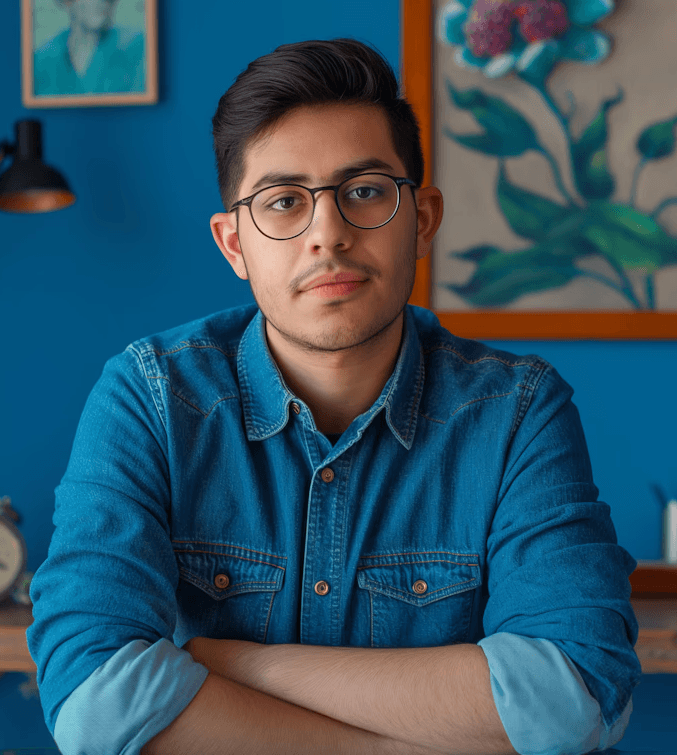 A young man with glasses and a denim shirt sits confidently against a blue wall. Art and cacti decorate the space, conveying a creative vibe.