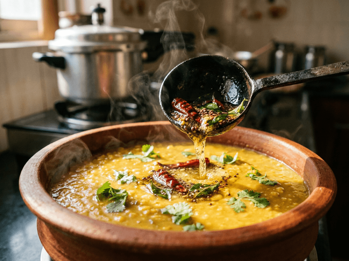 Toor dal with sizzling tadka of mustard seeds and curry leaves
