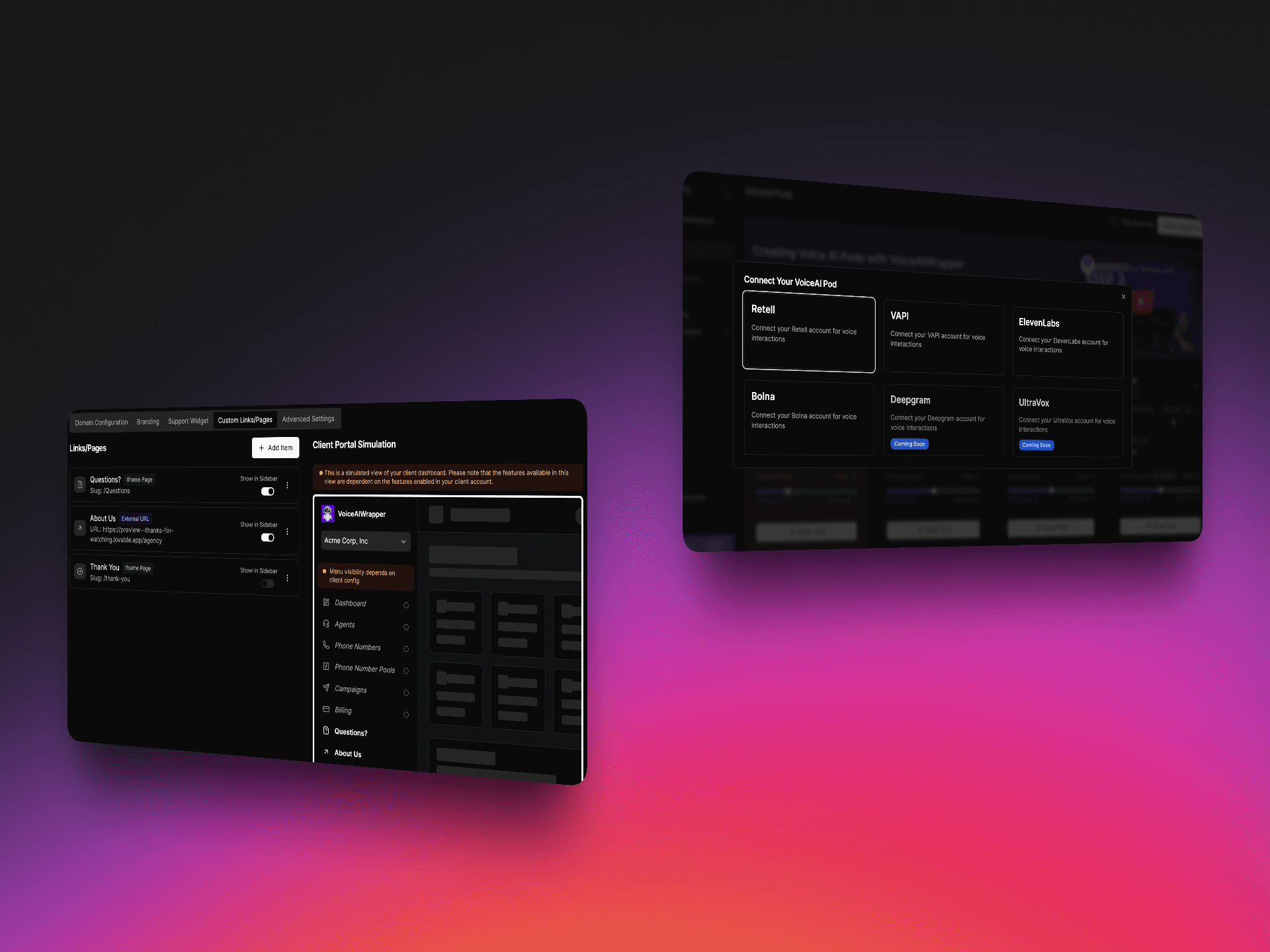 VoiceAIWrapper dashboard displaying multi-provider AI voice agent integration interface with workflow builder | VoiceAIWrapper