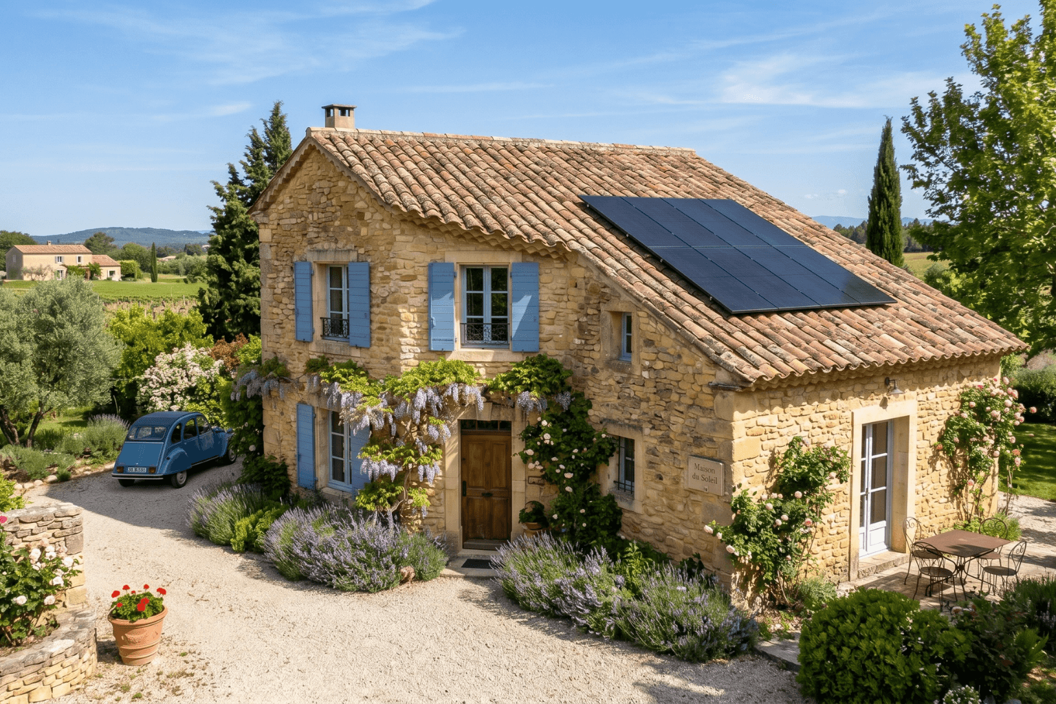photo d'une maison avec une installation solaire sur son toit