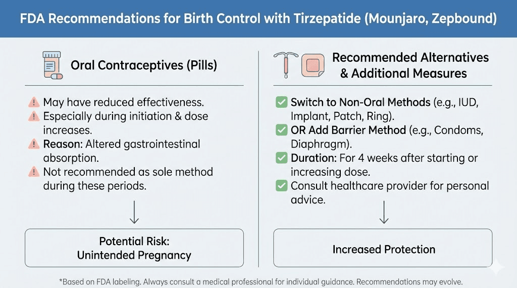 FDA recommended birth control methods for women taking tirzepatide