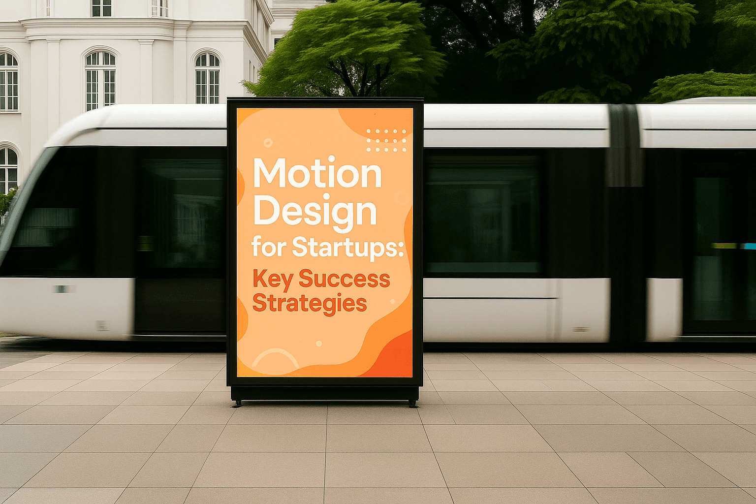 A motion design advertisement for startups is displayed on a vibrant orange poster situated in front of a swiftly moving tram, with a backdrop of elegant white buildings and lush green trees.