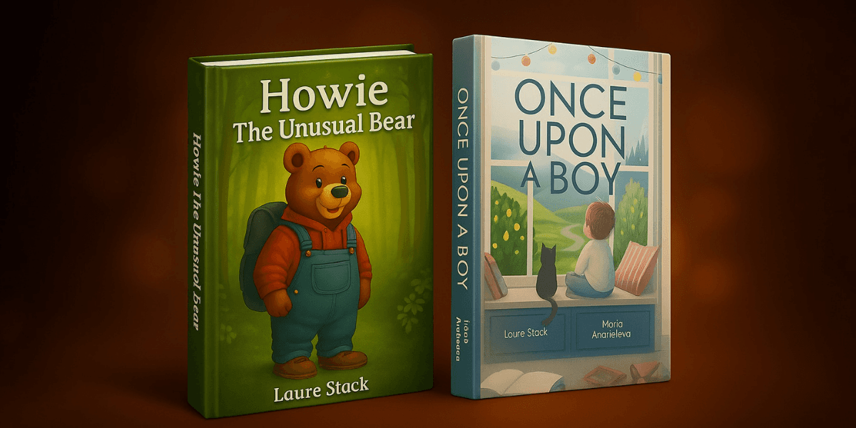 Two children's books by Laure Stack: 'Howie the Unusual Bear' and 'Once Upon a Boy,' showcasing themes of self-acceptance and individuality.