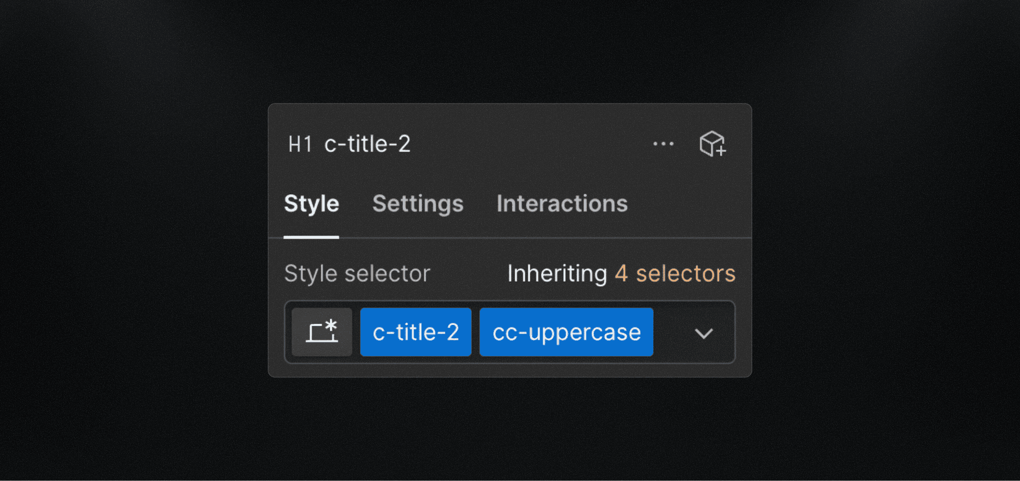 Webflow style selector showing a heading using combined classes for title and uppercase variant.