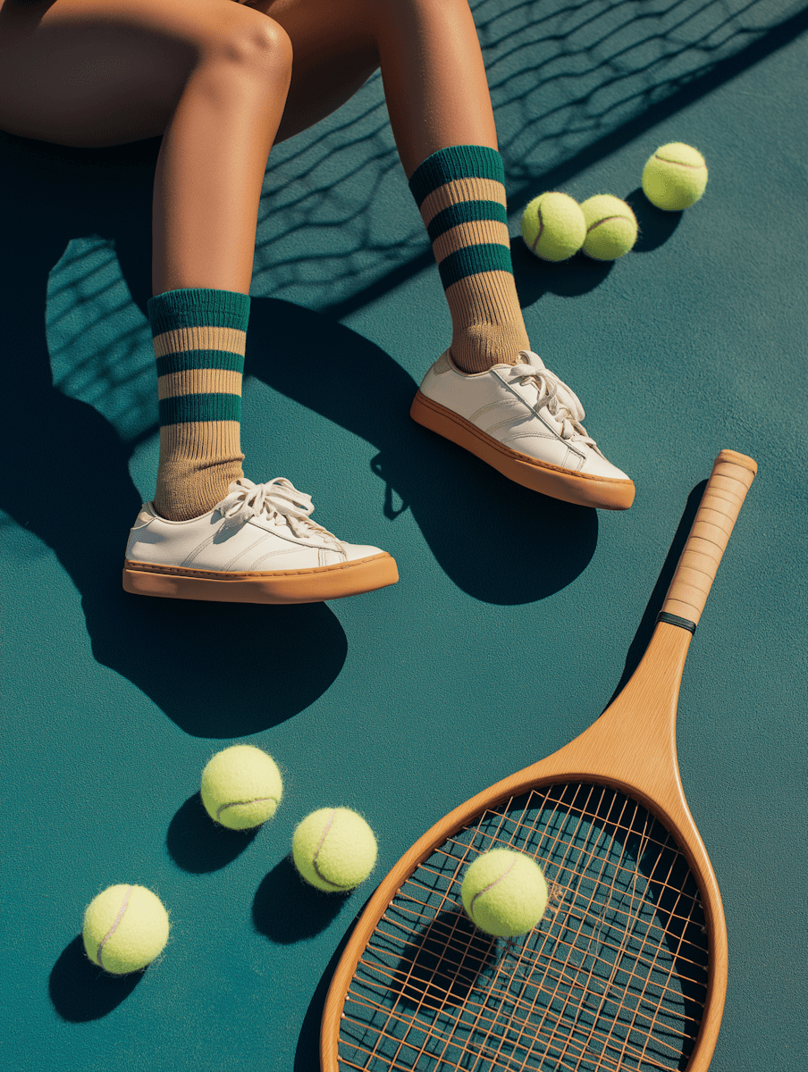 Person wearing white sneakers and striped socks on a tennis court. A wooden racket and six yellow tennis balls are scattered nearby, casting shadows.