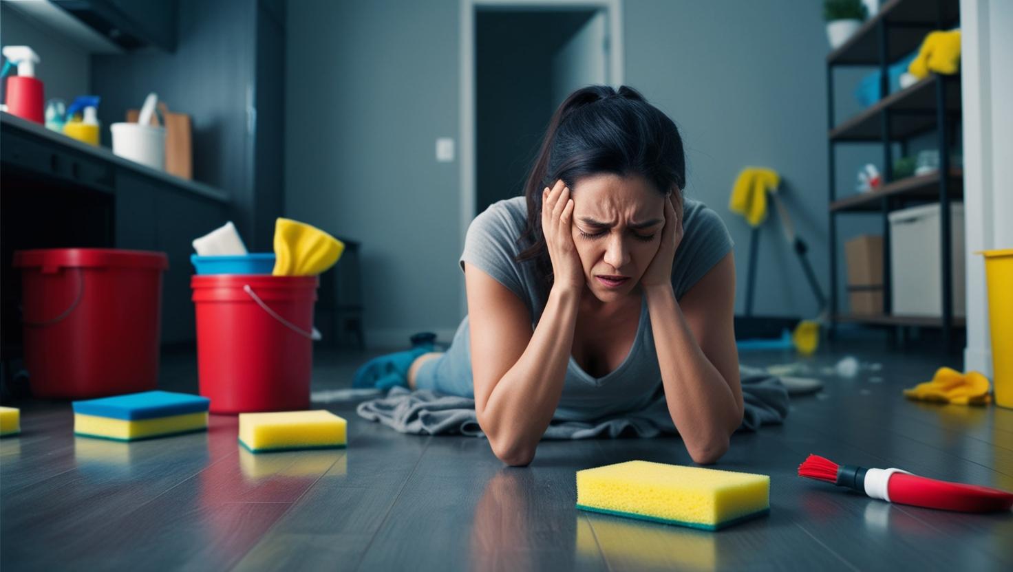 Exhausted tenant struggling with DIY end-of-lease cleaning in a coastal rental property