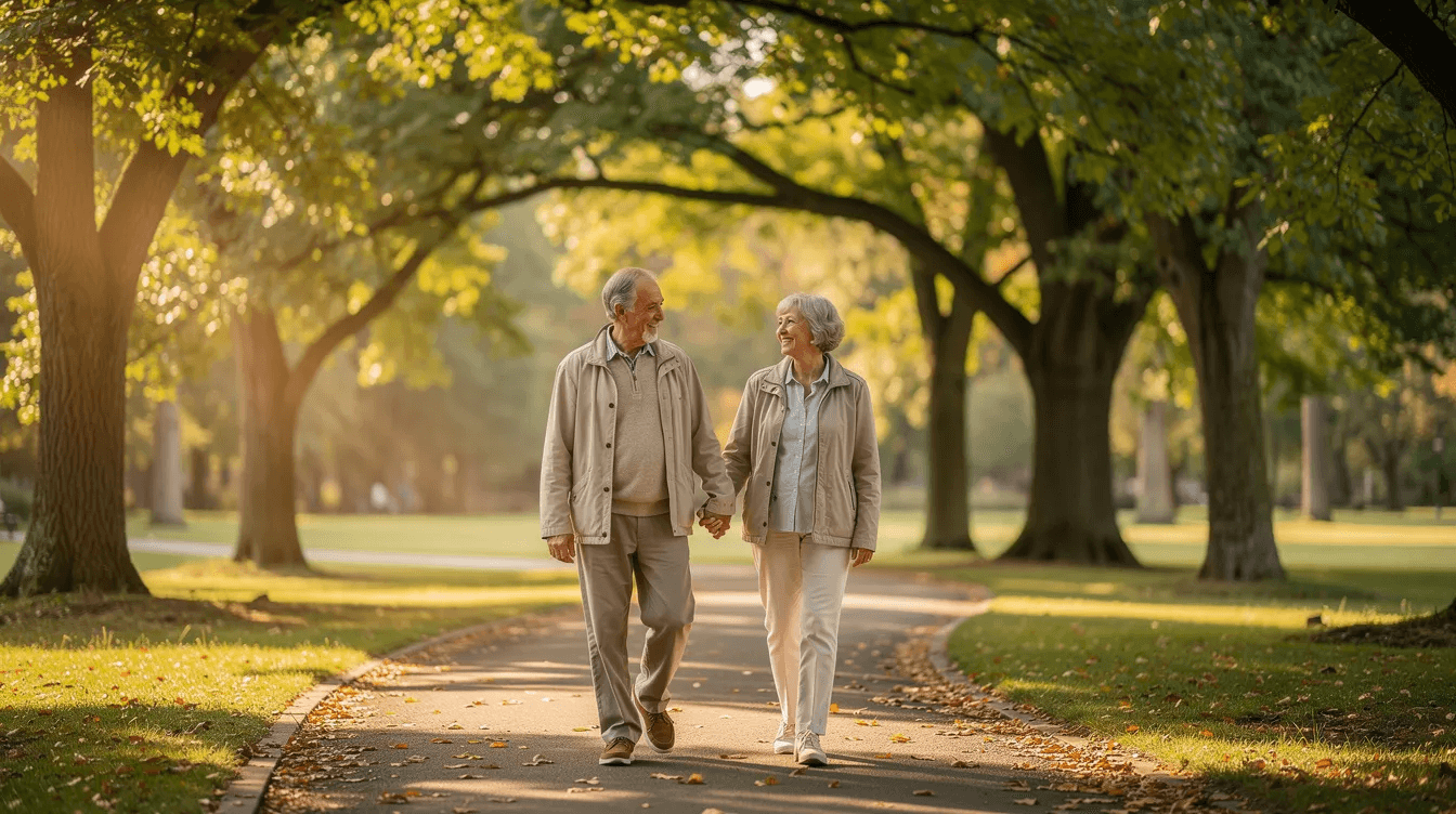 An older couple strolls hand-in-hand along a serene path, framed by lush trees that provide a tranquil atmosphere. This peaceful scene reflects the importance of thoughtful financial decisions and planning for a secure future, much like the guidance a financial advisor offers to help clients achieve their financial goals.