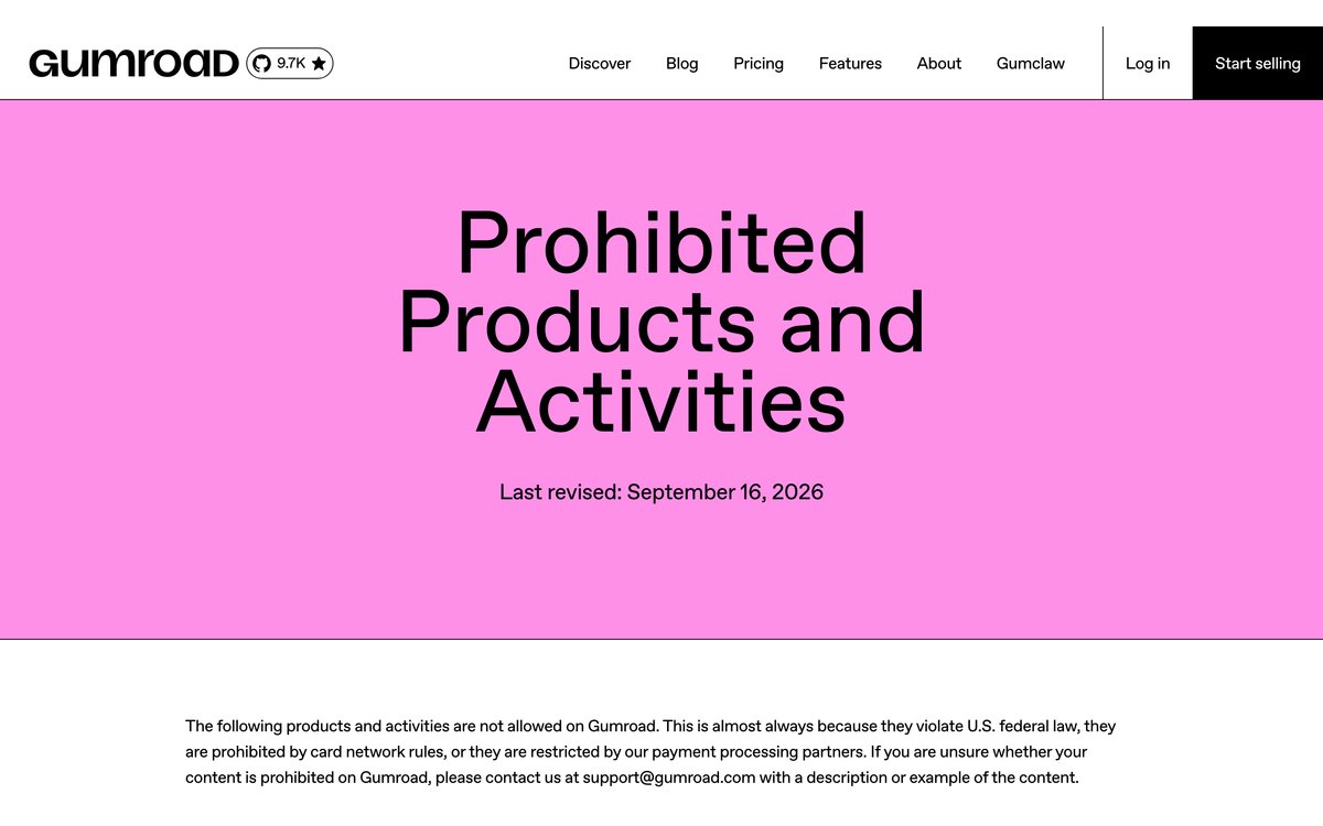 Gumroad’s Prohibited Products and Activities page, last revised September 16, 2026