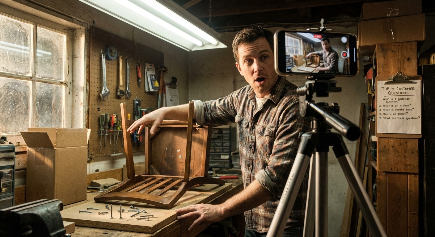 Small business owner creating video content in a workshop to boost local SEO and social media engagement