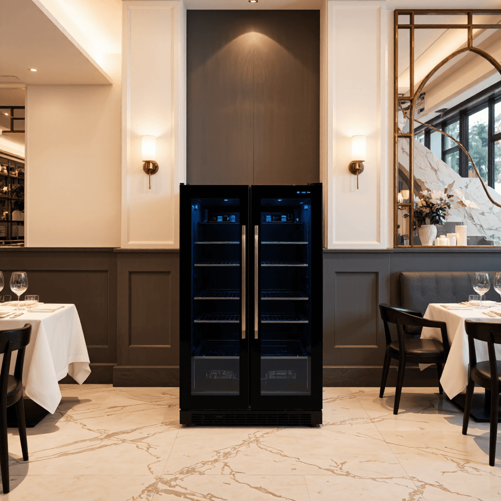 product photography of a compact refrigerator with dual doors for food storage