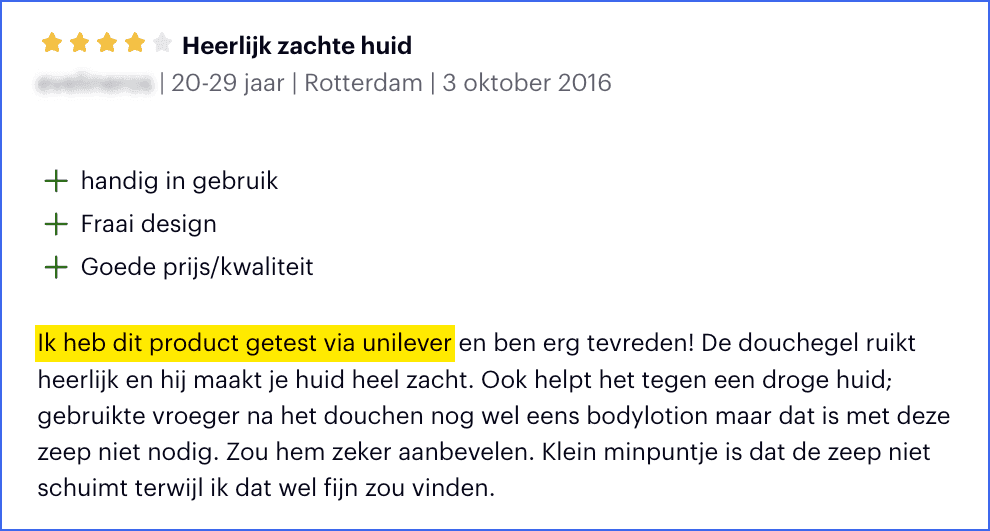 Voorbeeld van gesponsorde review op bol, in dit geval door Unilever.