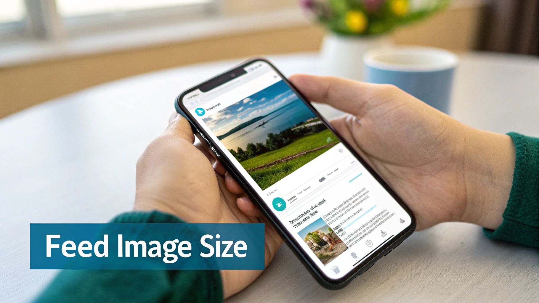 Close-up of hands holding a smartphone displaying a social media feed with a landscape image.