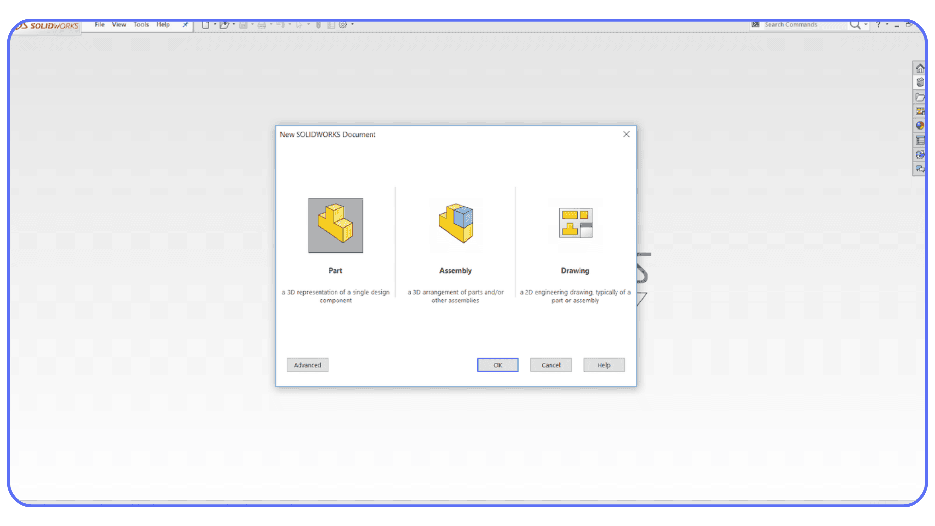 New SolidWorks document dialog with options to create a part, assembly, or drawing