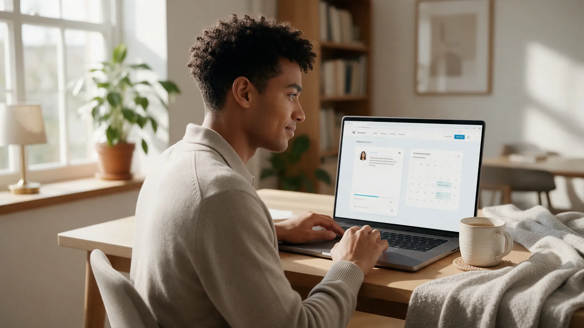 Job candidate using an AI-powered careers site to schedule an interview from home.