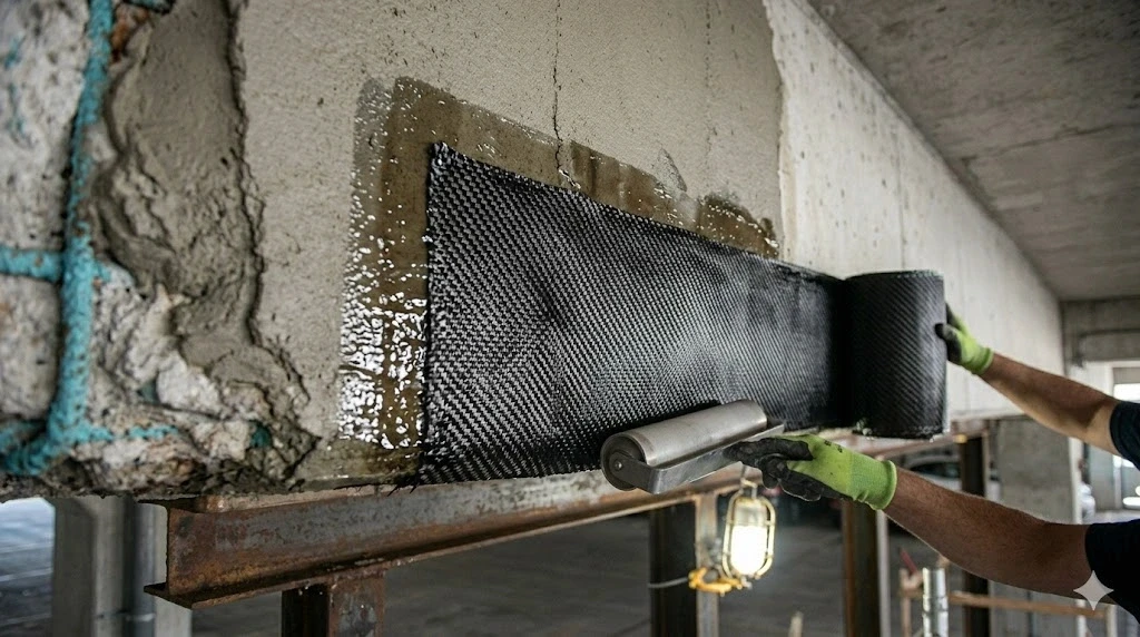 Carbon fiber CFRP structural reinforcement installation on a Fort Lauderdale concrete beam — Planet Construction FL