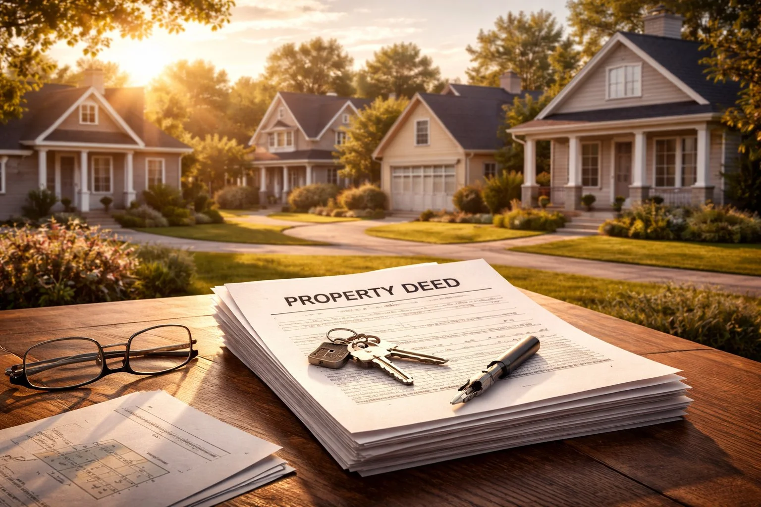 Sunlit neighborhood with houses and property deeds in focus, symbolizing clarity after careful planning.