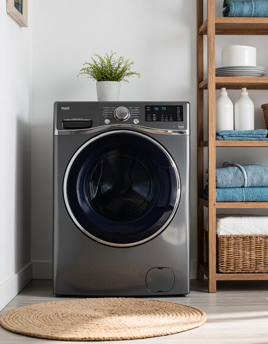 Modern gray washing machine with small potted plant on top, beside wooden shelving with neatly folded blue towels and laundry supplies