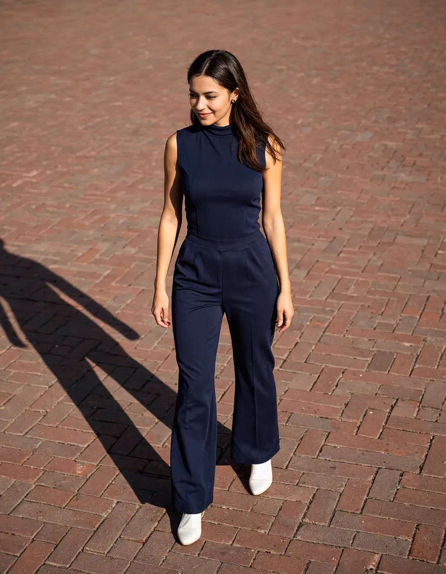 Elegant navy sleeveless jumpsuit with flared legs styled with white boots, photographed on brick pavement in warm sunlight.