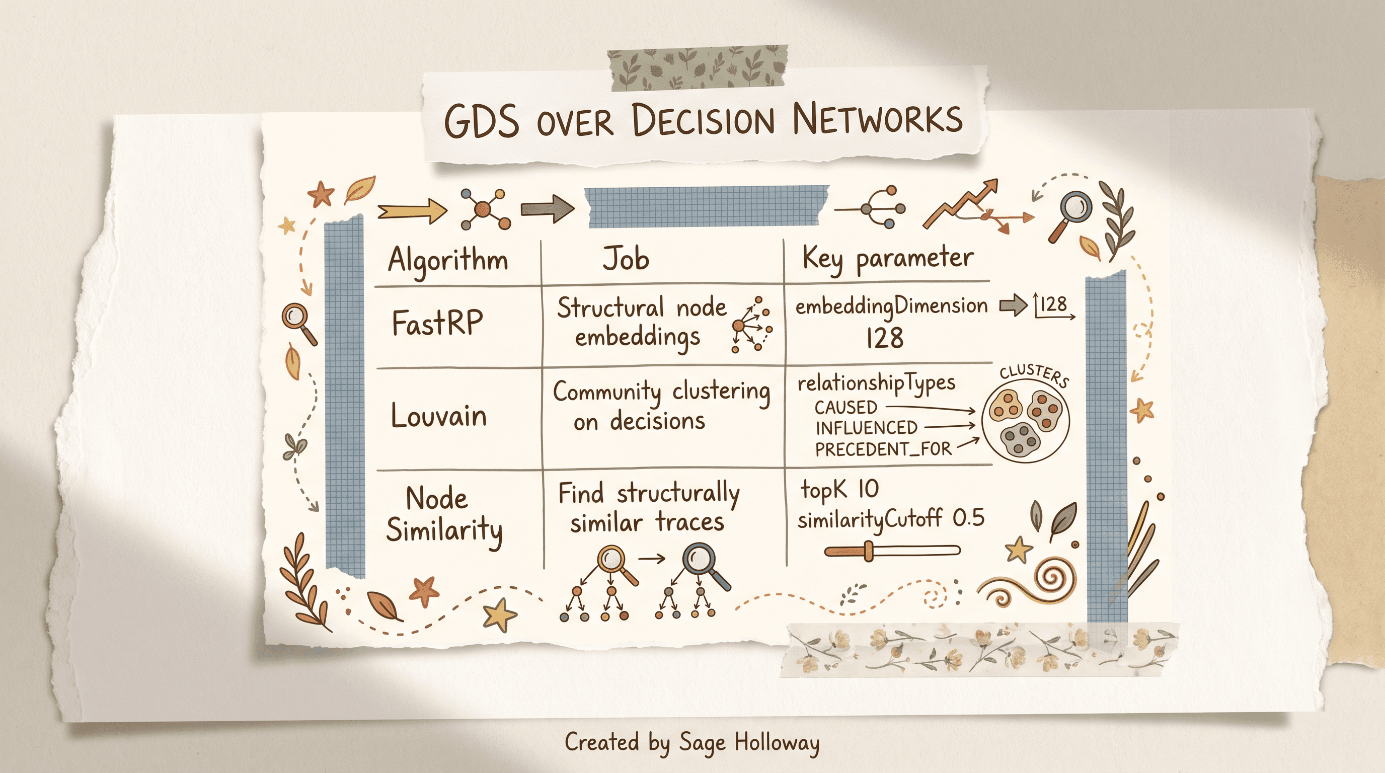 Table of Neo4j GDS algorithms for context graph analysis including FastRP, Louvain, and Node Similarity