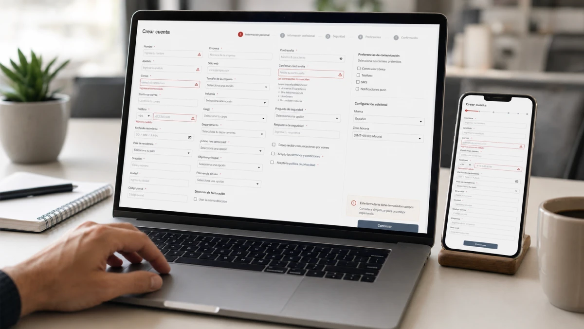 Formulario de registro con demasiados campos que genera fricción en el onboarding