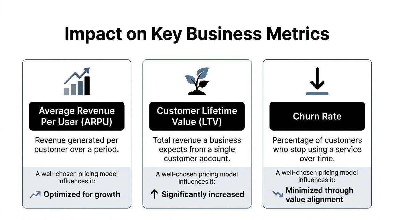 A chart showing how pricing models impact key business metrics like ARPU, LTV, and churn rate.