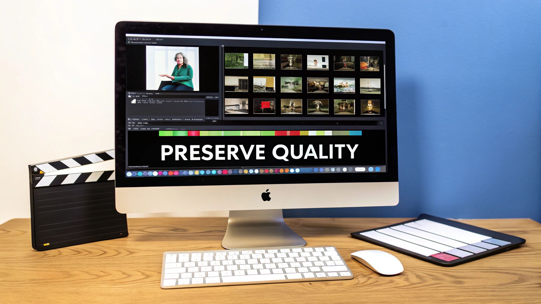 A professional editing suite with multiple monitors showing video timelines