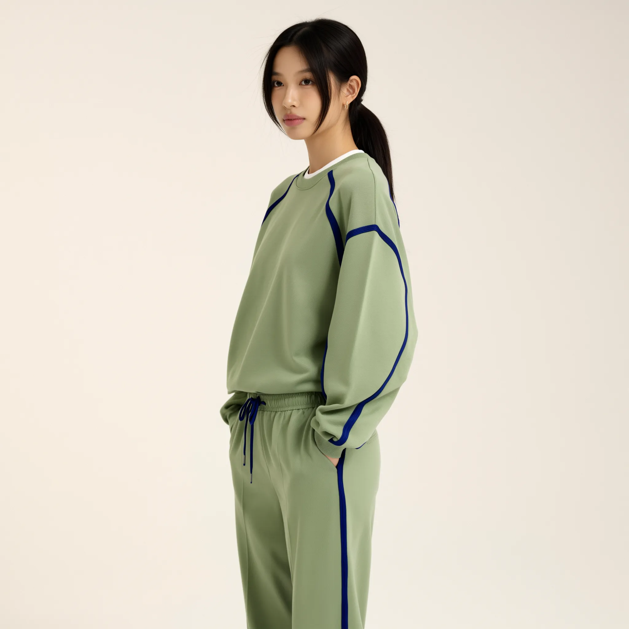 Weibliches KI-Model in hellgrünem Sweatsuit mit blauen Akzenten vor neutralem Hintergrund – moderner Athleisure-Look für Fashion-, Lifestyle- und E-Commerce-Content.