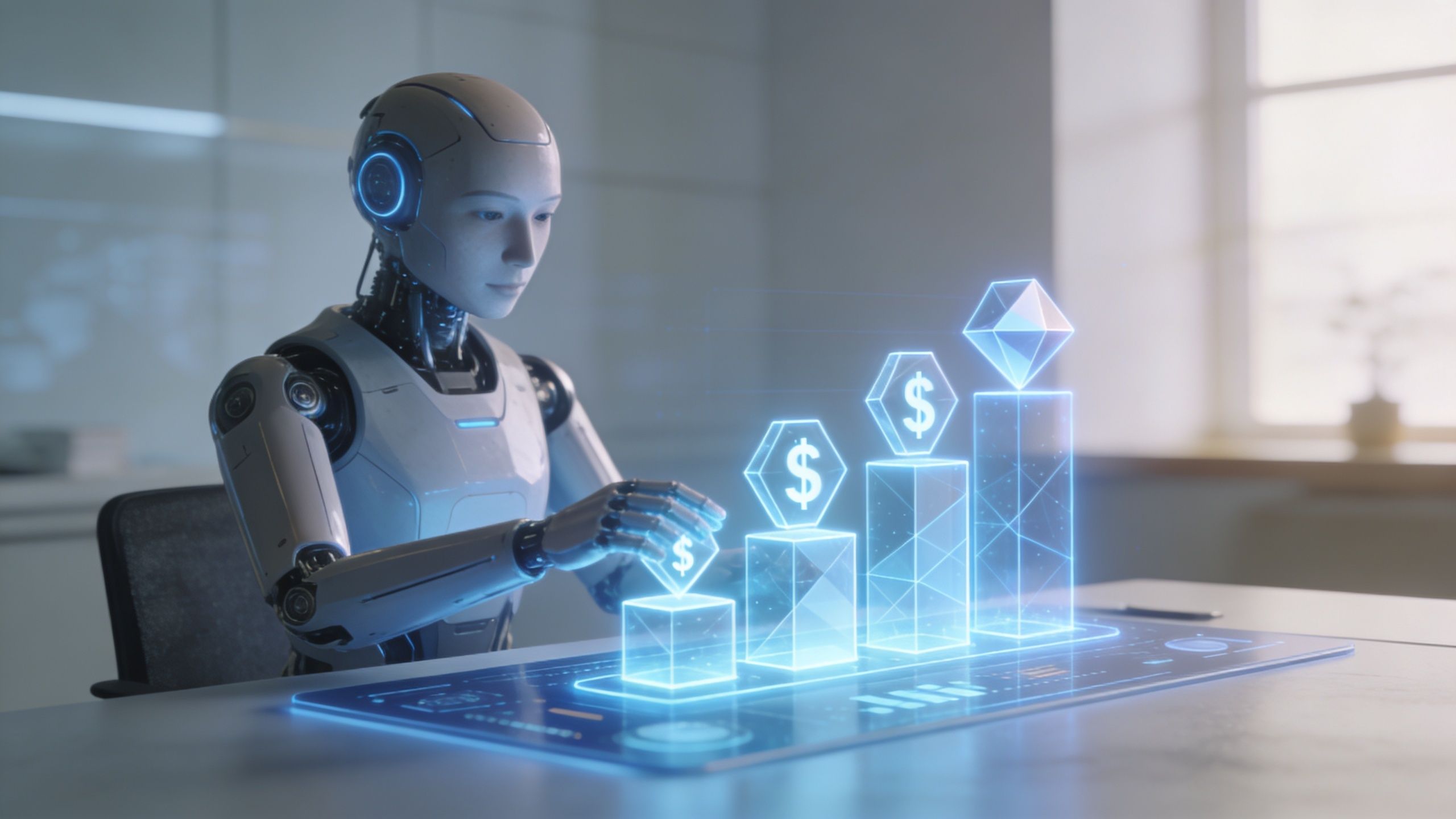A futuristic humanoid robot working with a glowing blue digital financial chart featuring Ethereum and dollar symbols.