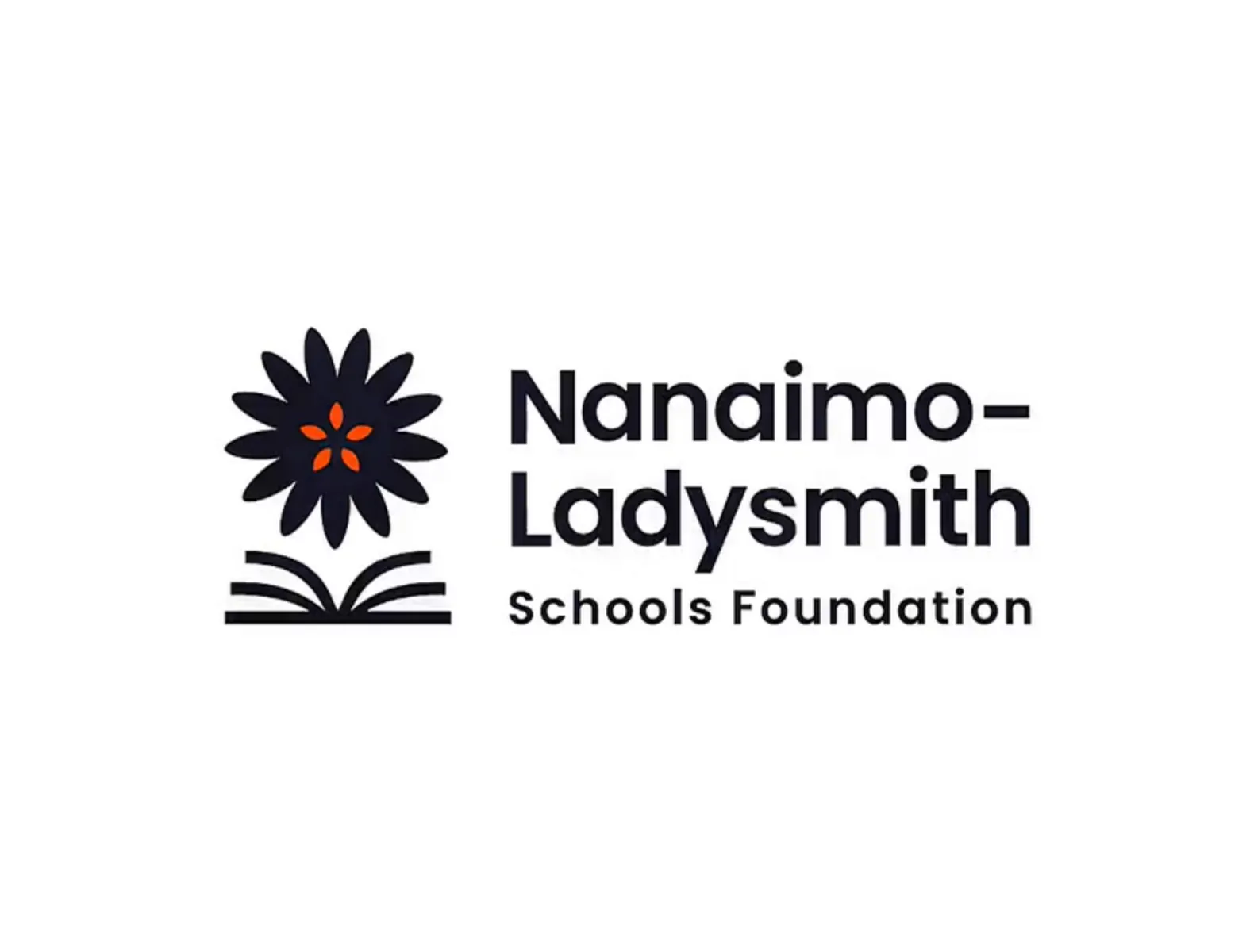 Nanaimo Ladysmith Schools Foundation's logo after it was redesigned. It shows a 13 petaled flower with 5 apple seeds in the middle with an open book as the leaves.