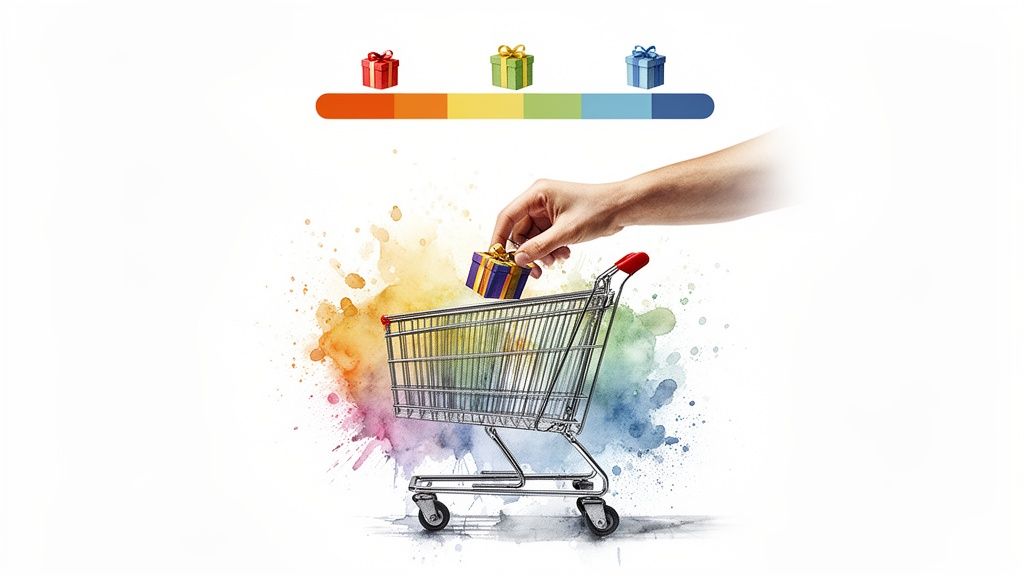 A hand places a purple gift box into a shopping cart with a rainbow progress bar above.