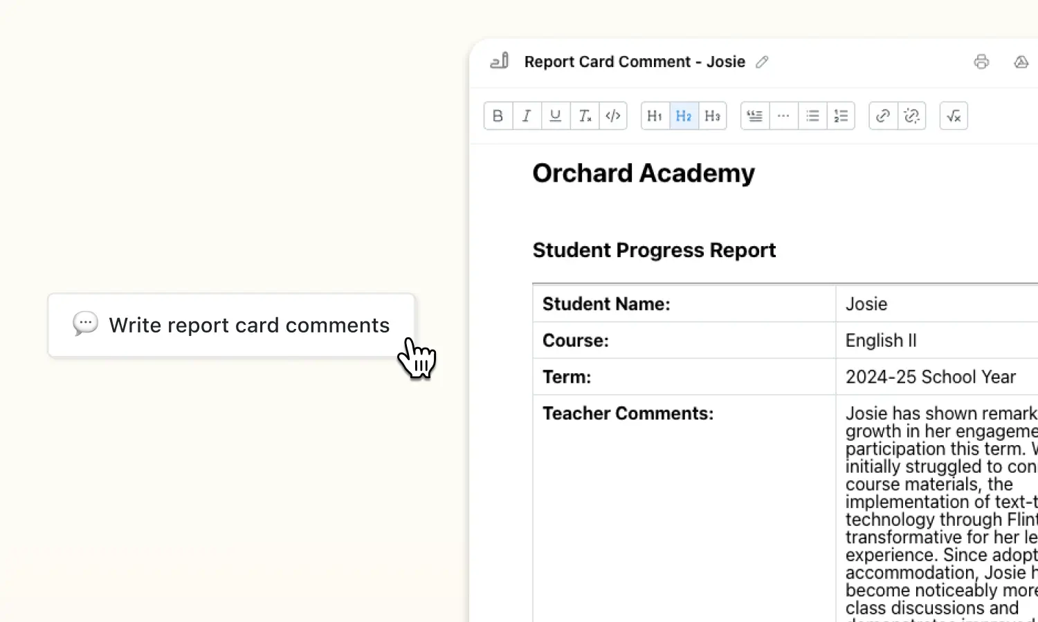 Button that says write report card comments, as well as screenshot of report card comment created by Sparky