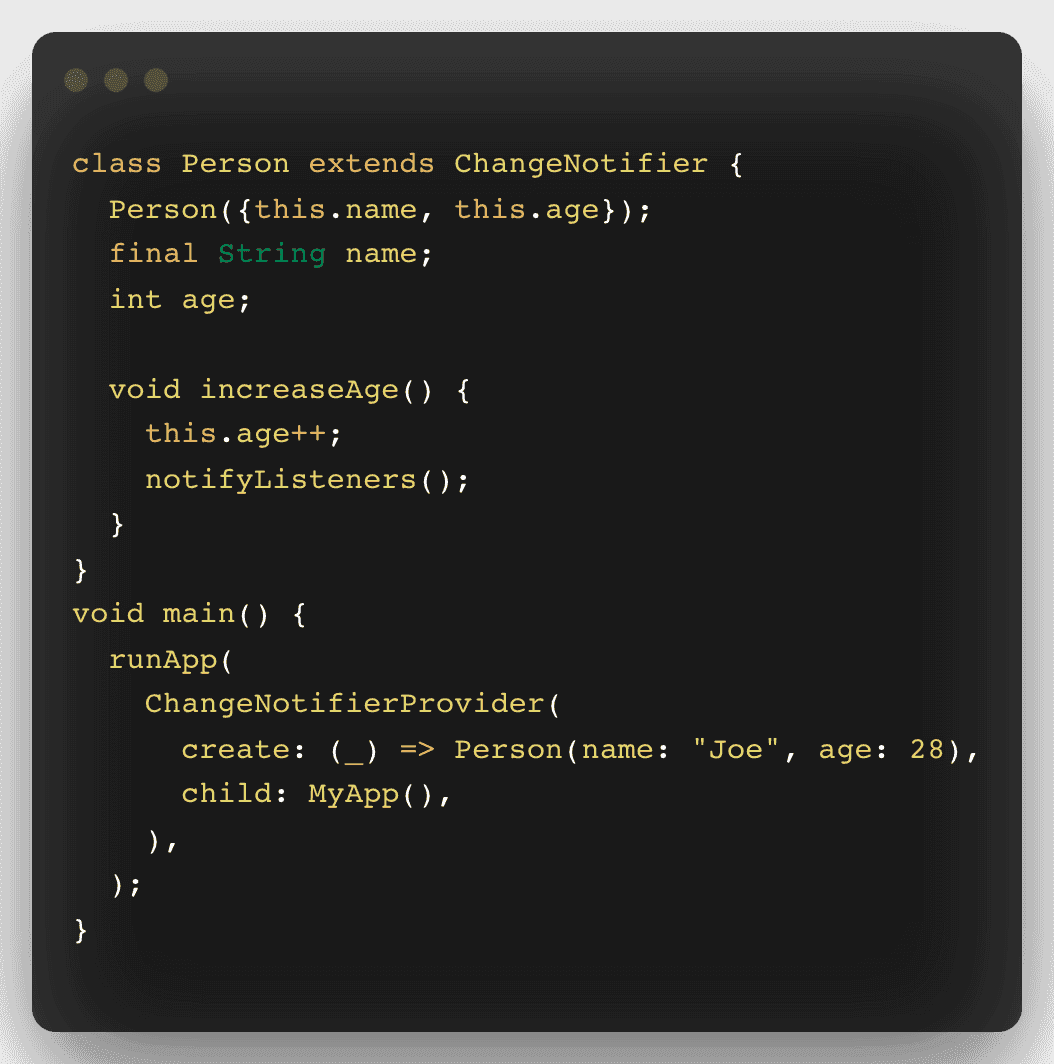 A code snippet with Dart code.