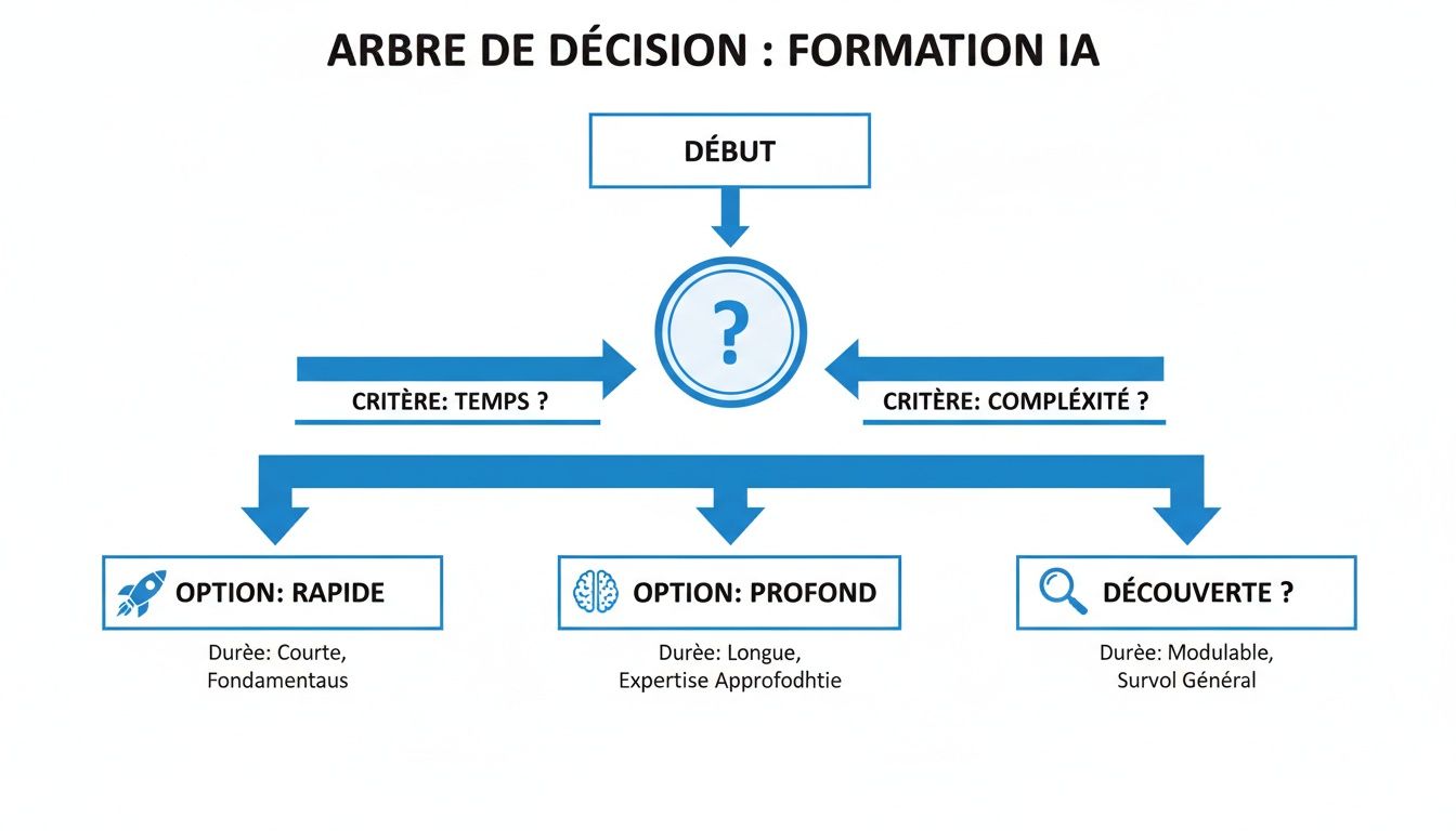 Arbre de décision pour la formation IA, présentant des options rapides, approfondies ou de découverte selon les critères de temps et de complexité.