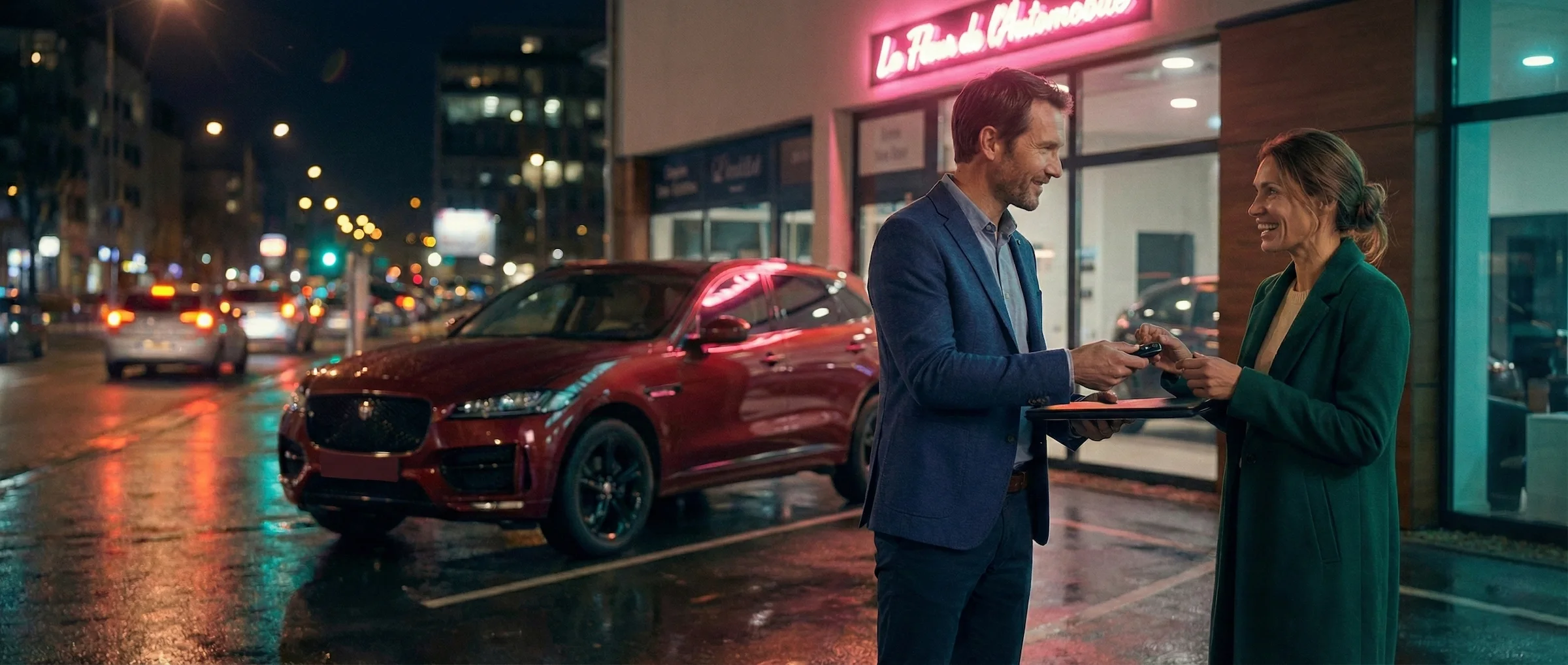 Une cliente de La Fleur de l'Auto qui remet ses clés au vendeur.