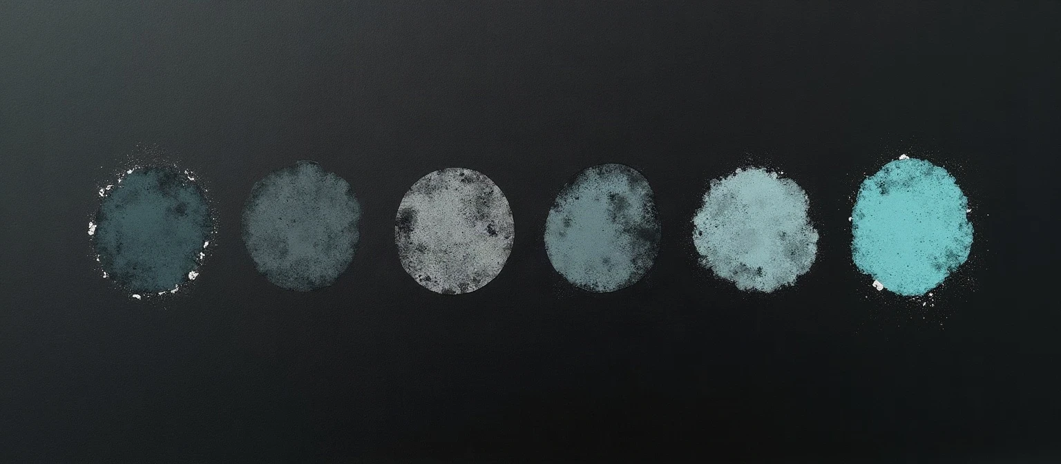 A row of six ink-brush circular marks of inconsistent texture and color, ending in one crisp, clean, glowing teal-cyan mark, representing how AI-generated outreach drifts from brand voice until a consistent, reviewed standard is enforced.