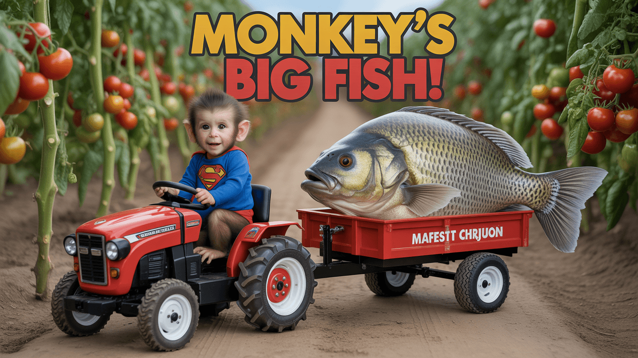 Baby monkey on red mini tractor in tomato field towing oversized fish with MONKEY'S BIG FISH text