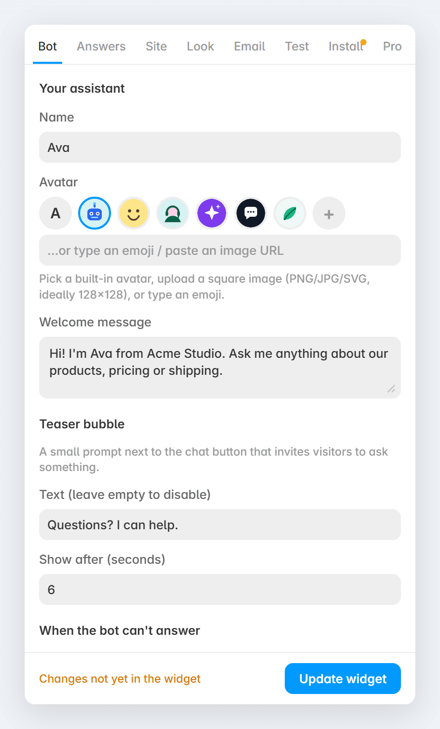 SiteBot — Setup tab
