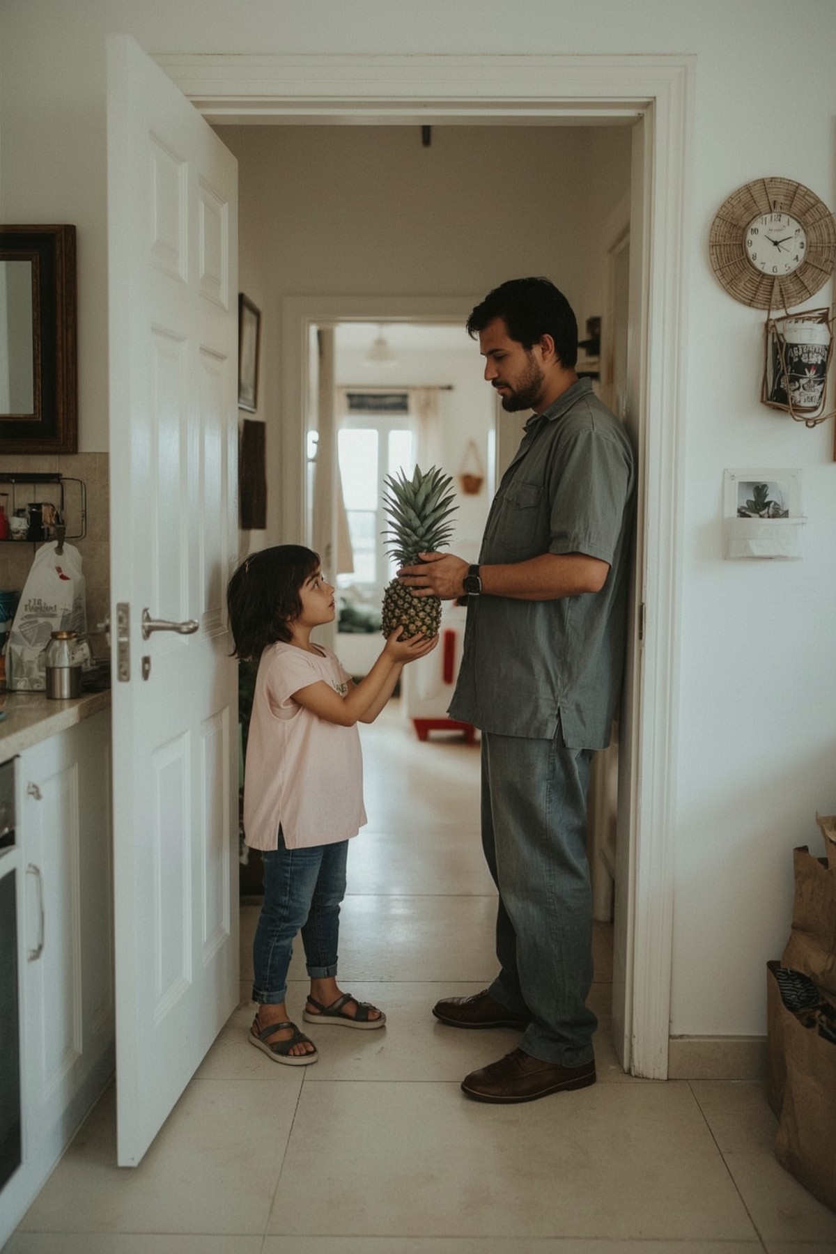 Tochter zeigt Vater eine Ananas.
