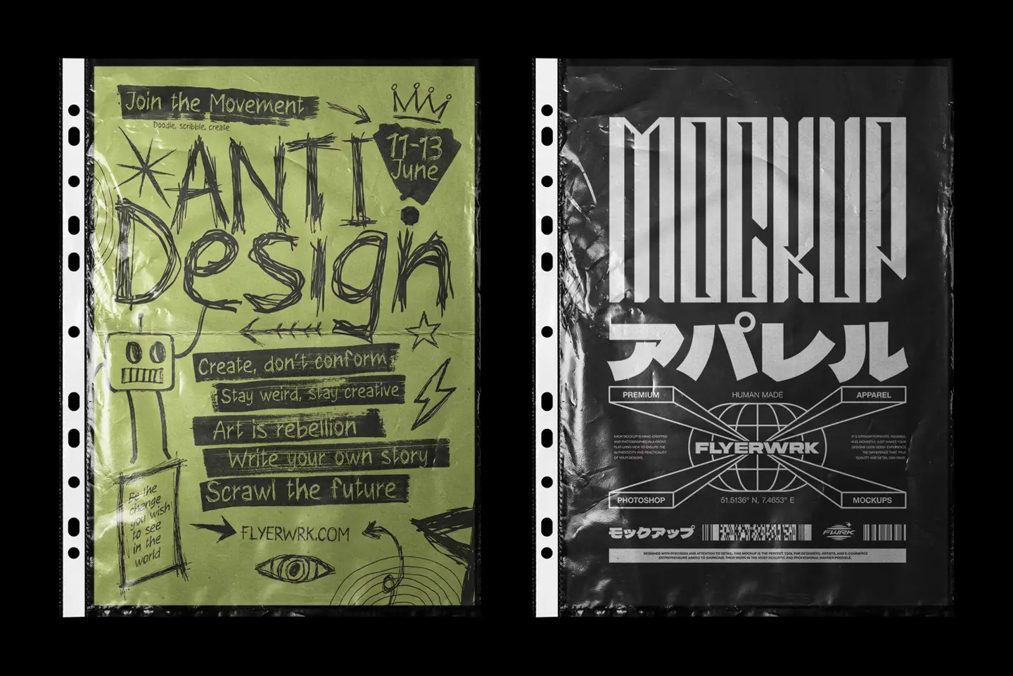 Plastic Sheet Overlay Mockup with green and black experimental designs inside a high-resolution plastic sleeve