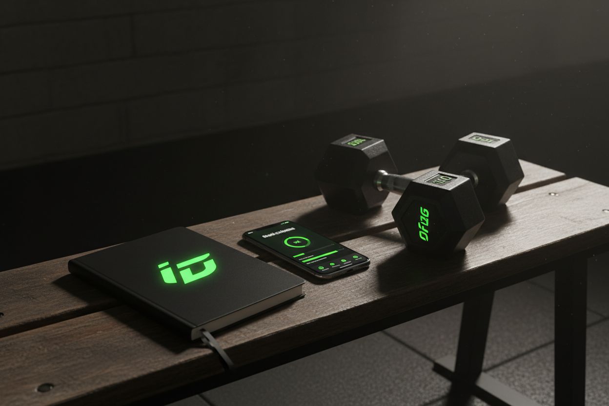 A notebook and phone on a gym bench beside dumbbells